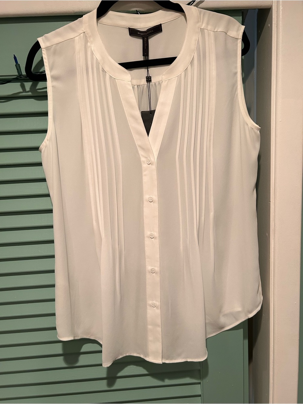BCBGMaxAzria Sleeveless White Pintuck Button Blouse